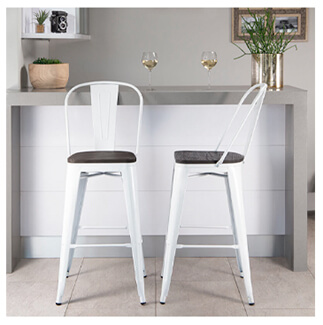 Two white metal bar stools with backrests and dark wooden seating at a modern bar area with two wine glasses on bar counter